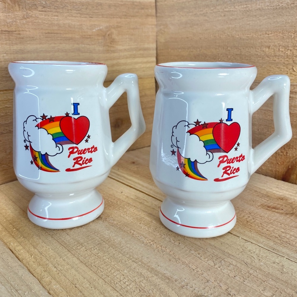 Two Vintage Puerto Rico Mugs I ❤️ P.R. Rainbow Cloud Stars Love